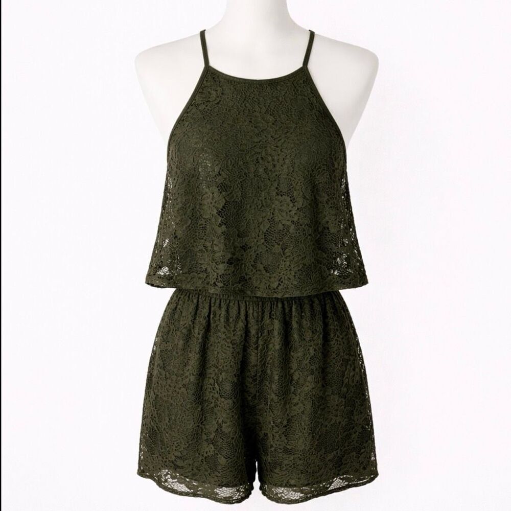 Green Crochet Halter Romper | Boho Lace Playsuit | Open Back | Size S